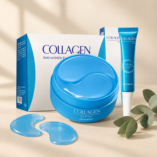 Collagen eye patches jar, box and eye cream set with two gel patches