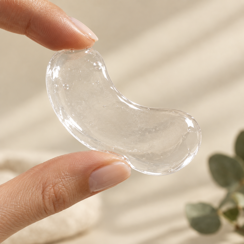 Close-up of a hydrating gel eye patch held between two fingers